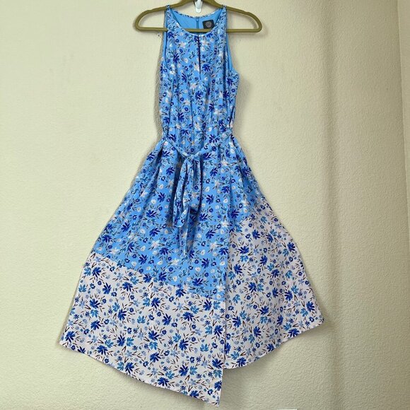Blue Mixed Floral Print Halter Asymmetric Midi Dress with Pockets Women Size 12 - Picture 3 of 15
